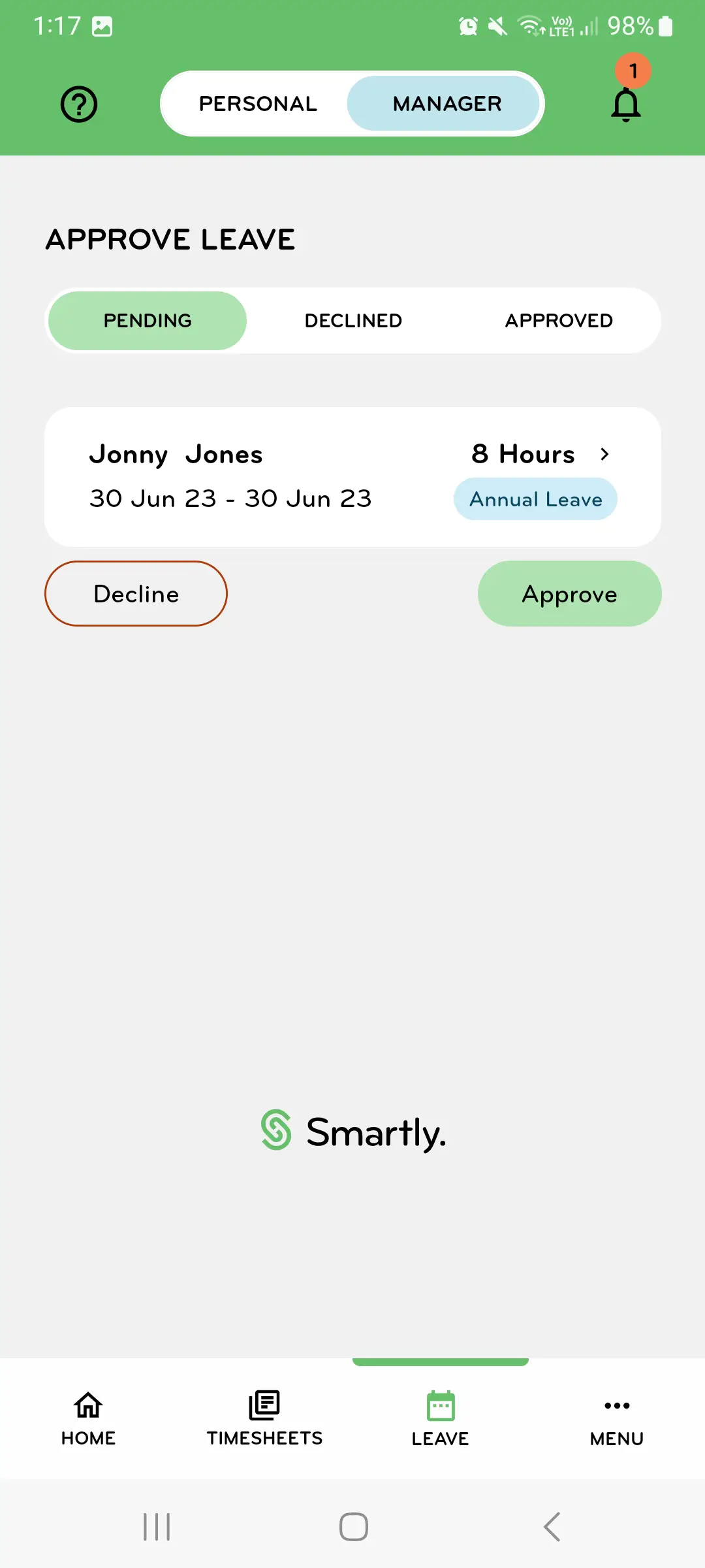 Manager's app view of employee's leave request