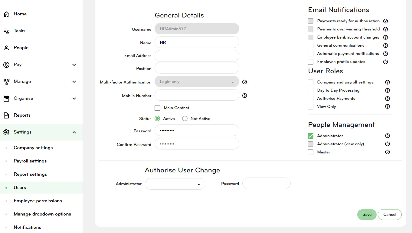 Users screen
