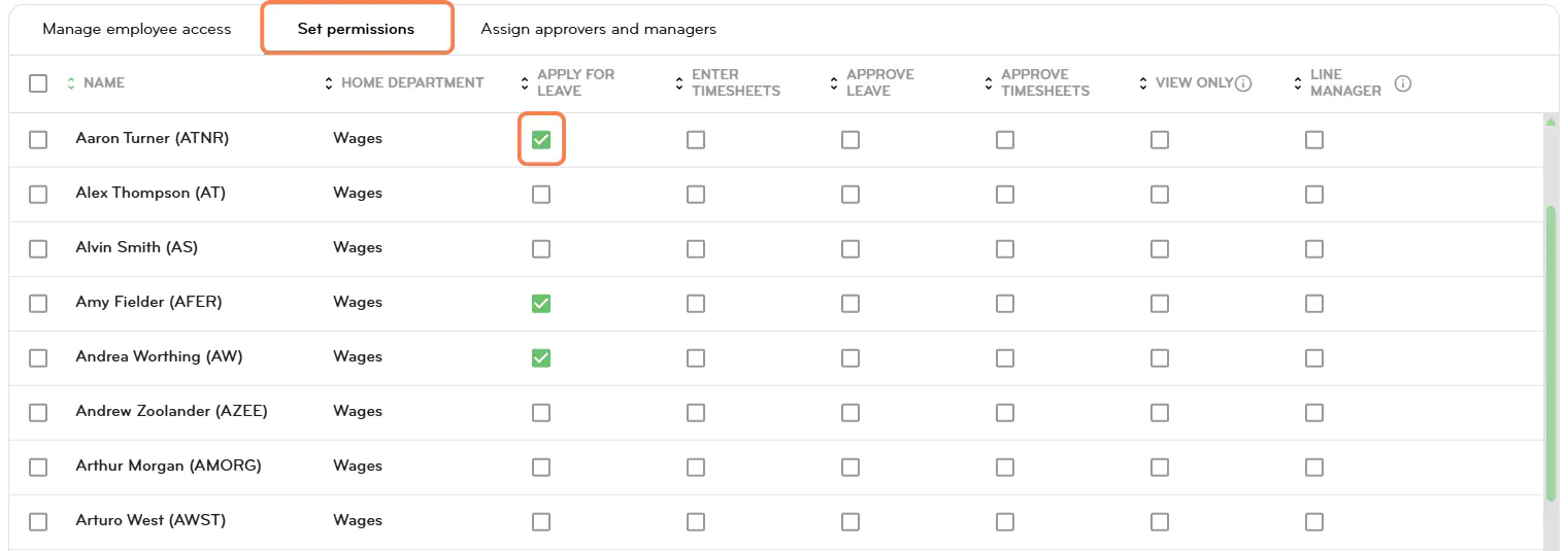 Setting permissions for your employees under the Set Permissions tab for self-service