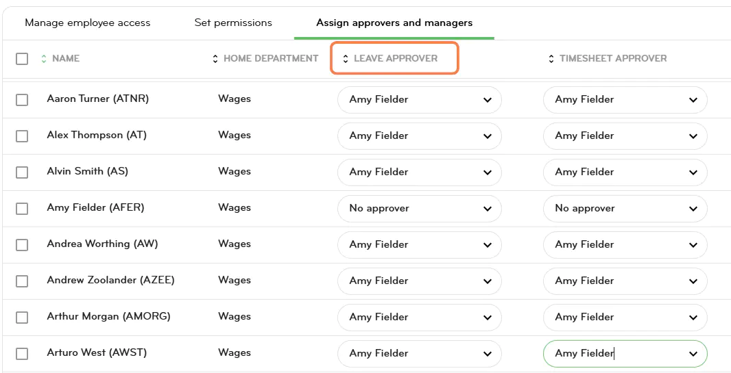 Sorting the Leave Approver column to update the leave approver for multiple employees