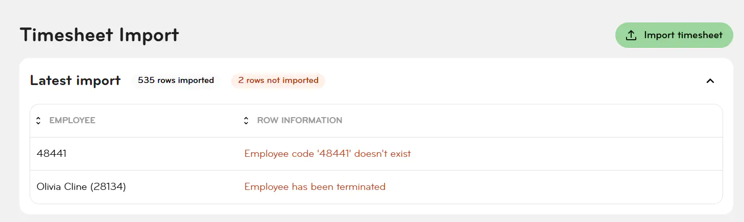 Timesheet import confirmation settings