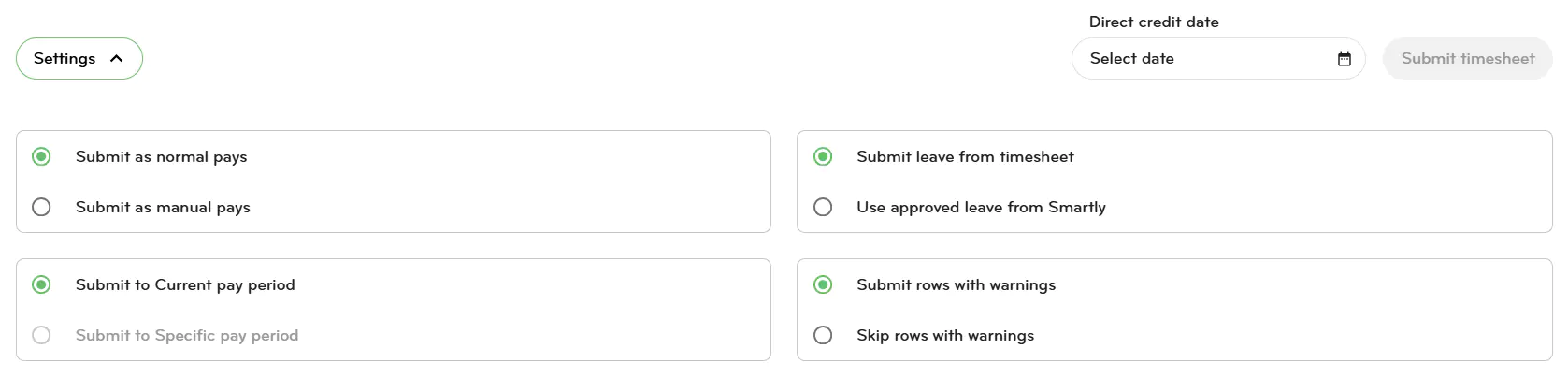 Timesheet import confirmation settings