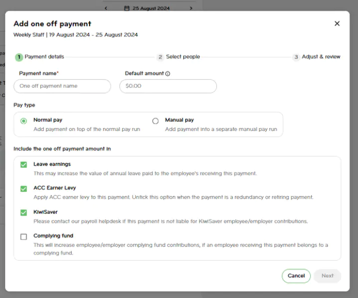 Navigating to the one-off payment to enter a bonus