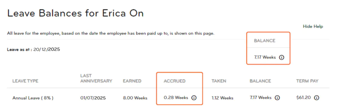 Individual employee's leave balance