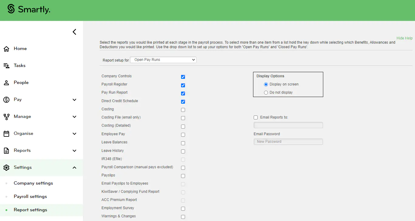 Pay run reports setup