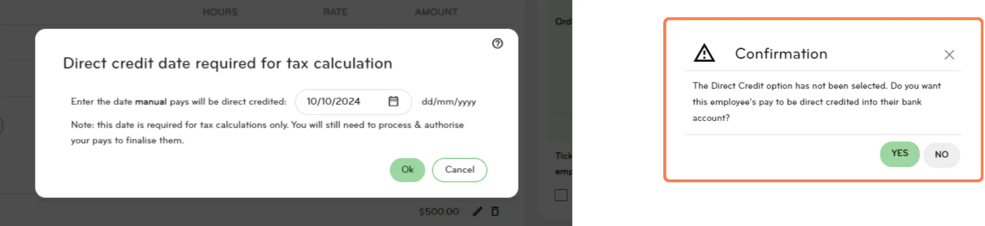 Pop-up box with the direct credit requirements 