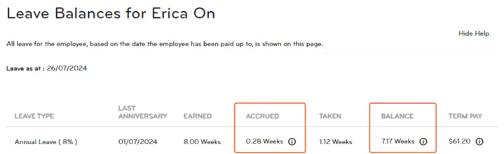 Individual employee's leave balance