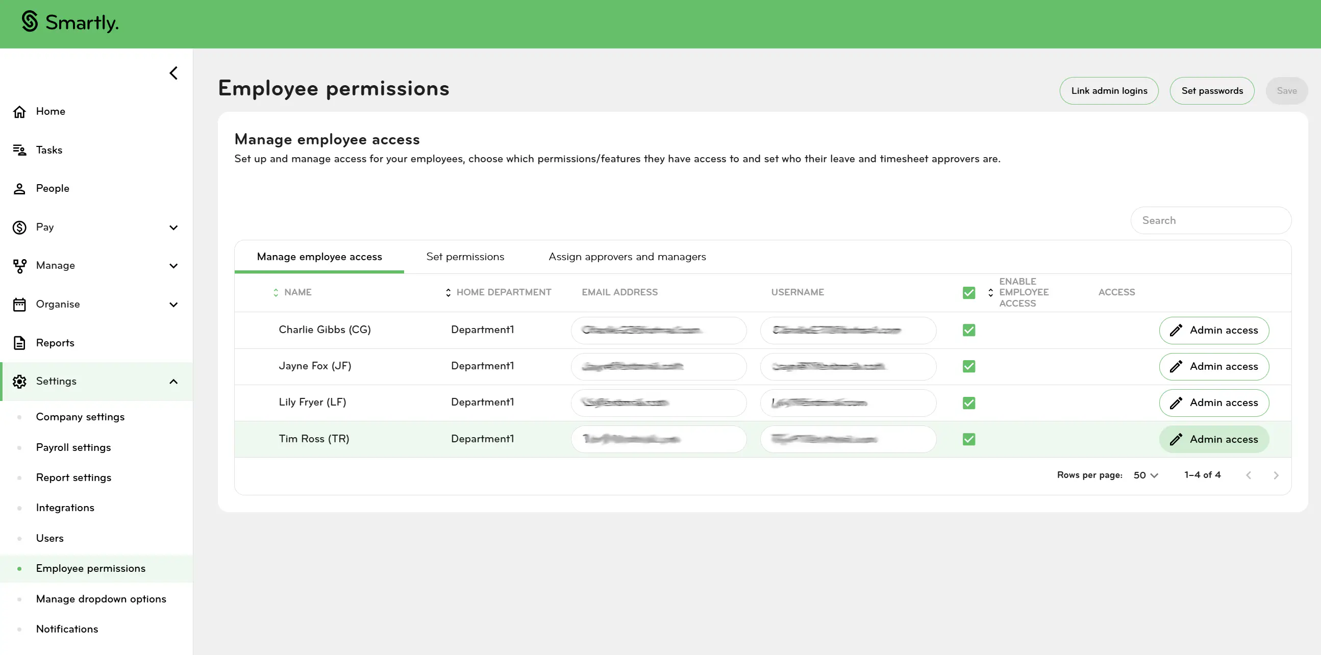 Image of employee permissions page