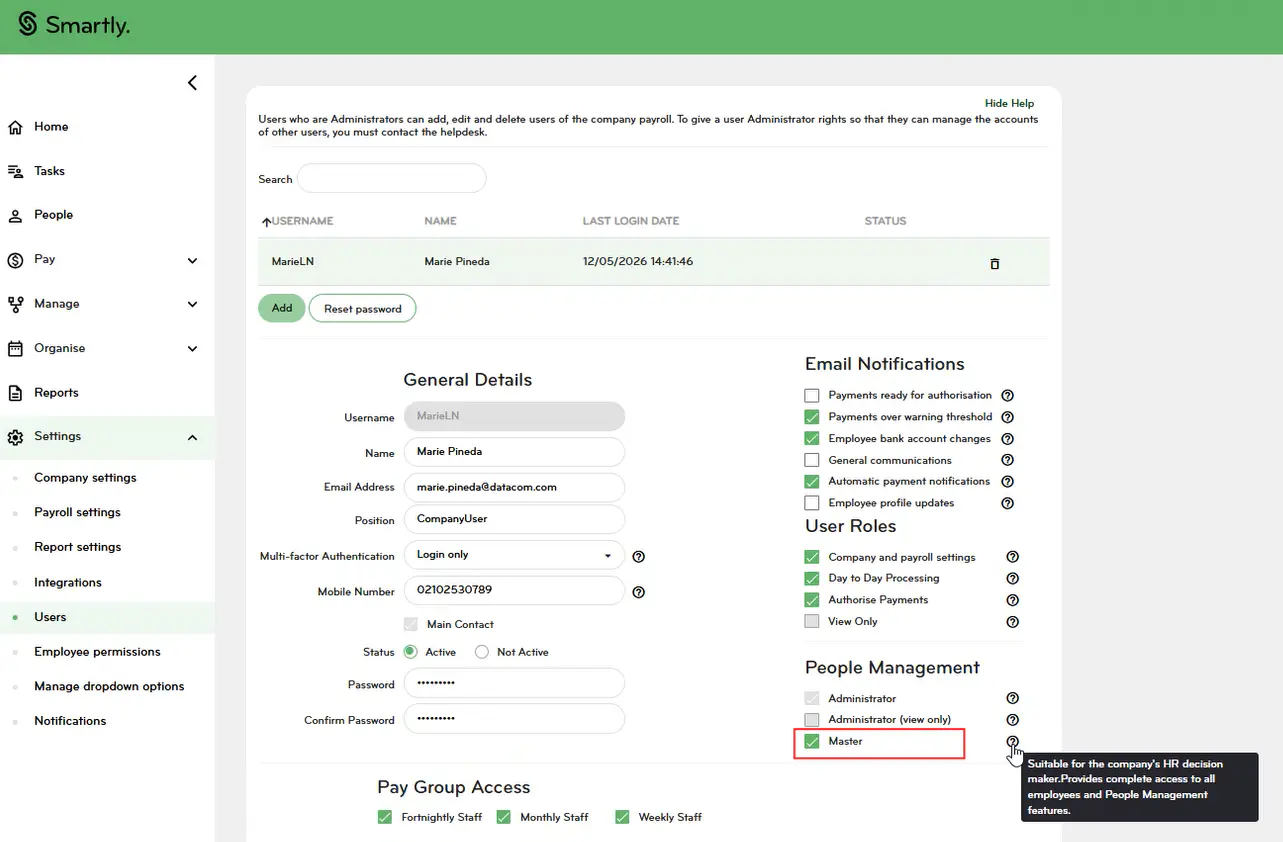 Master User Permissions