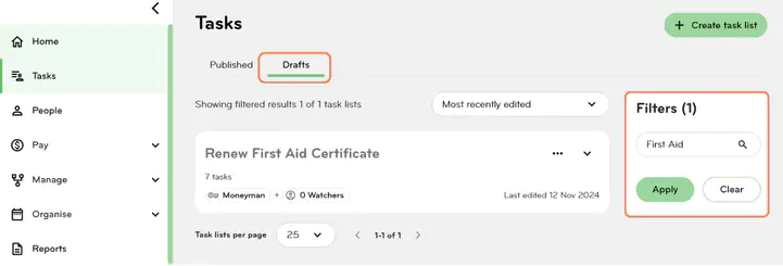 Filtering draft tasks