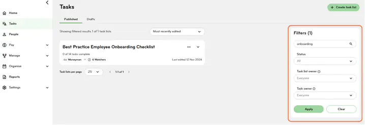 Filtering published tasks