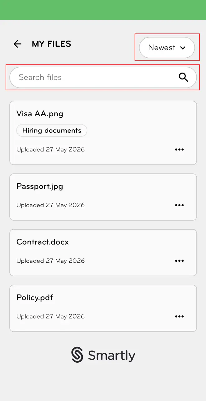 Mobile files landing page search and sort