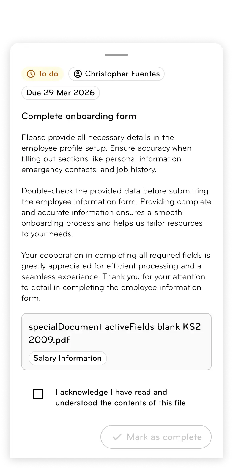 Mobile Task to acknowledge and complete