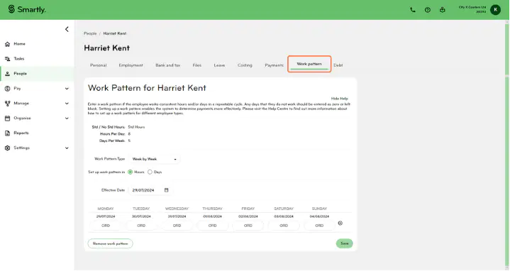 Work pattern tab