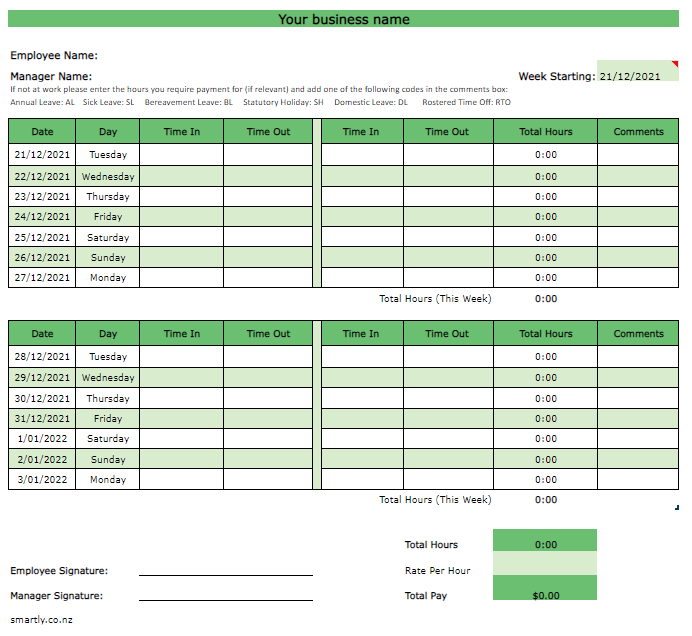 Fortnightly timesheet template