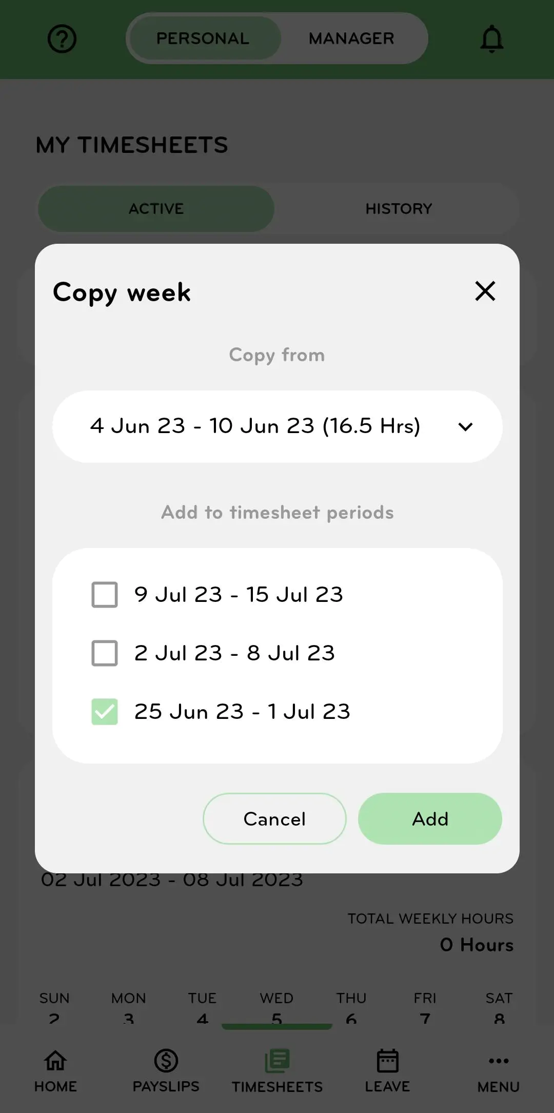 Choose which week to copy from and which week to copy to.