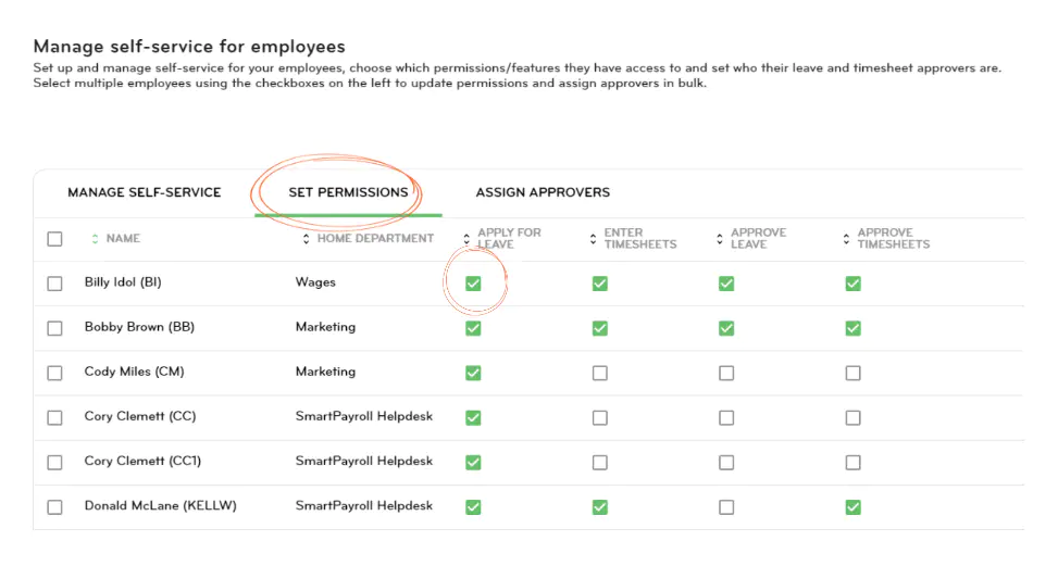 Setting permissions for your employees under the Set Permissions tab for self-service