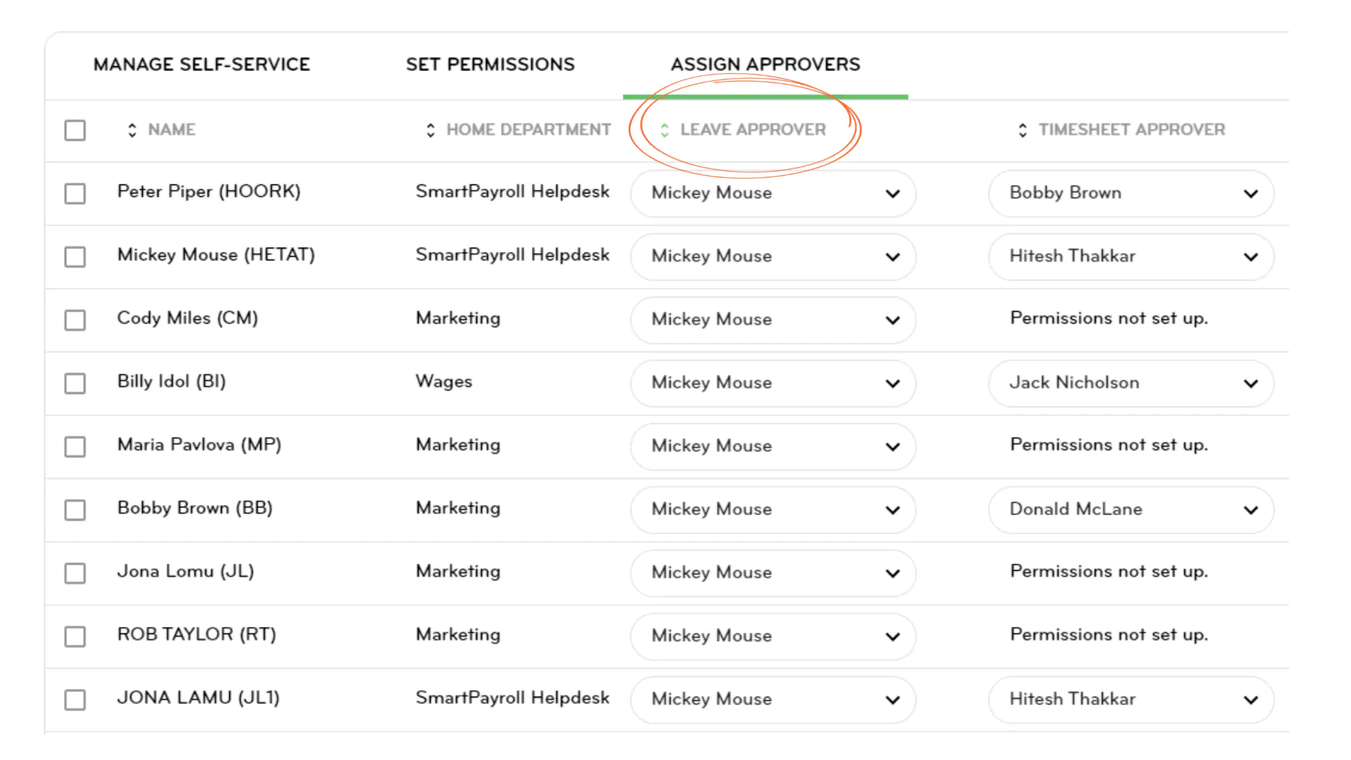 Sorting the Leave Approver column to update the leave approver for multiple employees