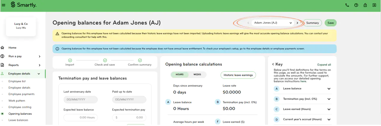 Navigating between employees' opening balances