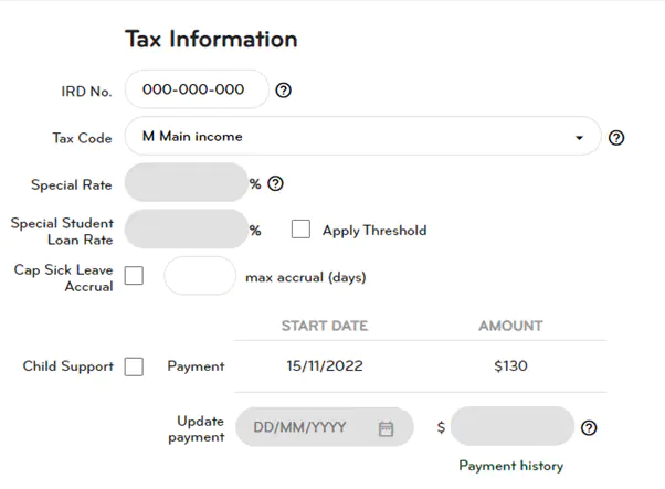 Tax information section under employee details