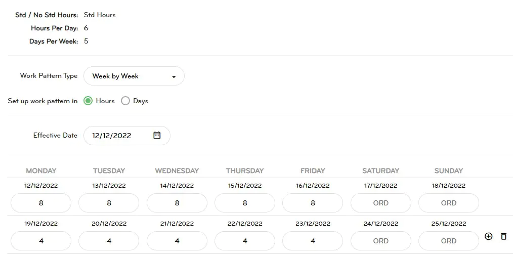 Employee works 8 hours per day Monday to Friday one week, and 4 hours per day Monday to Friday another week