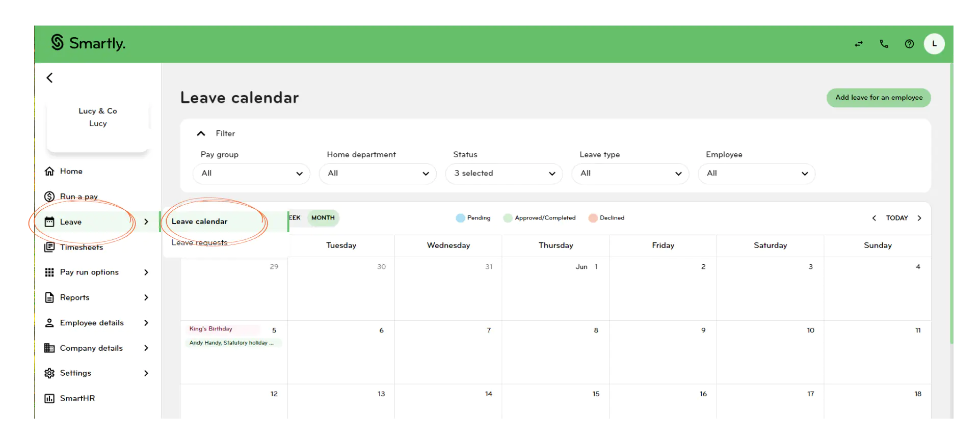 Payroll admin view of the leave calendar