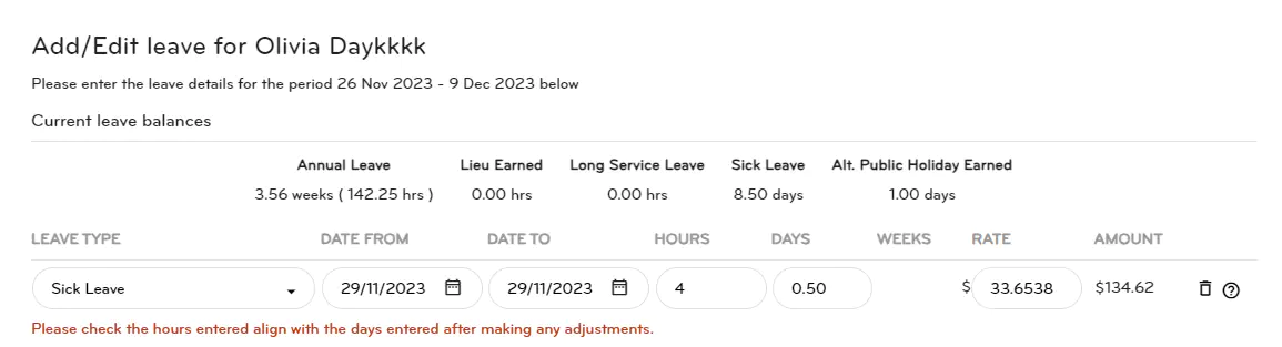 Entering part day sick leave under Run a Pay