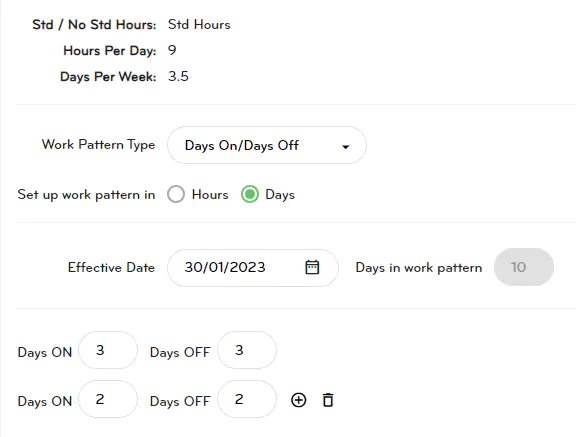 Employee works 3 days on, 3 days off then 2 days on, 2 days off
