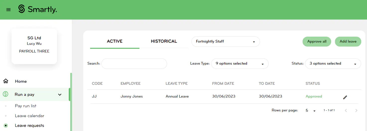 Payroll admin view of leave requests