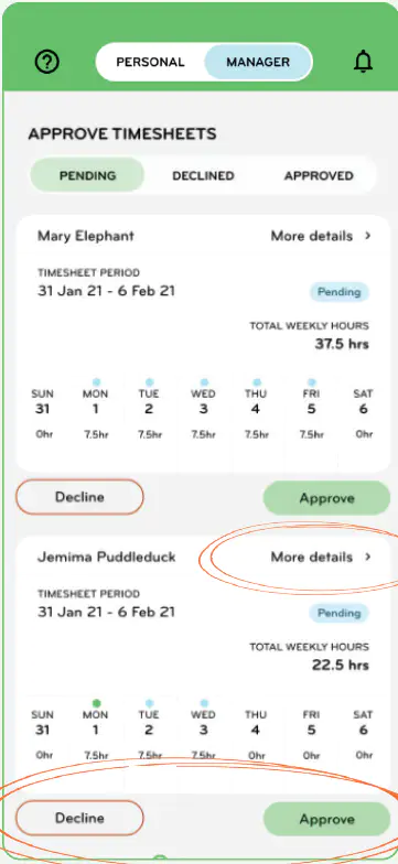 How to approve or decline timesheet entries