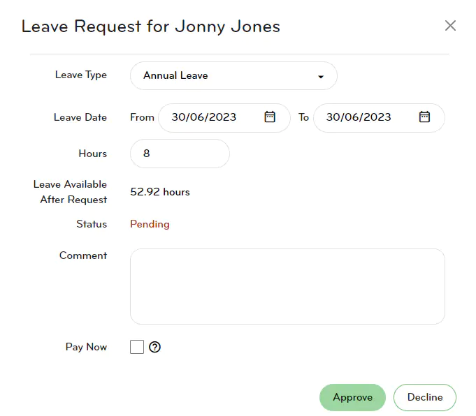 Manager portal view of the employee's leave request