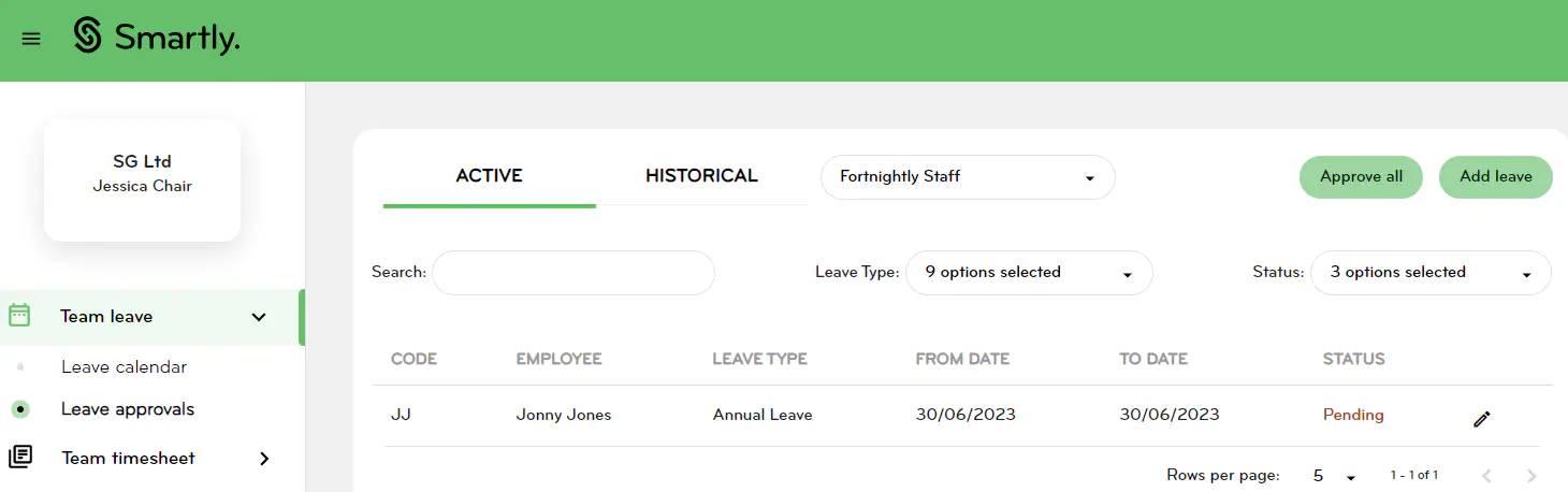 Manager portal view of the employee's leave request