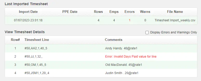 Error message with importing a timesheet