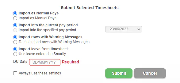 Timesheet import confirmation settings