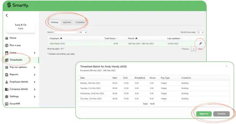 Approving and declining timesheets