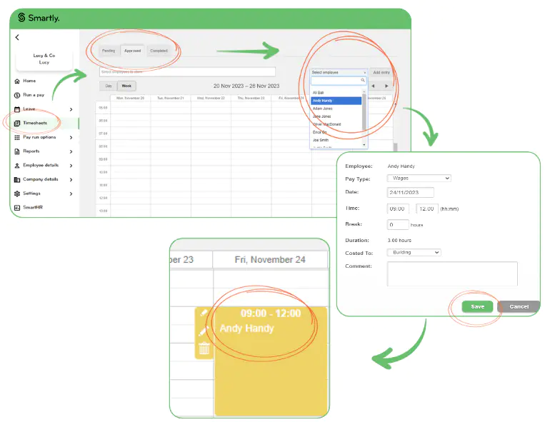 Adding and editing a time entry for an employee 